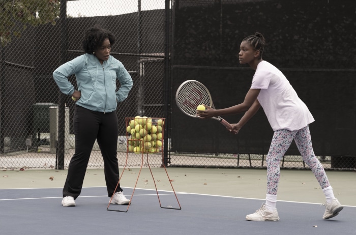 Aunjanue Ellis and Demi Singleton on tennis court