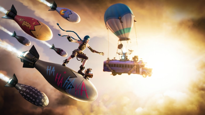 Jinx from League of Legends riding a bomb in Fortnite