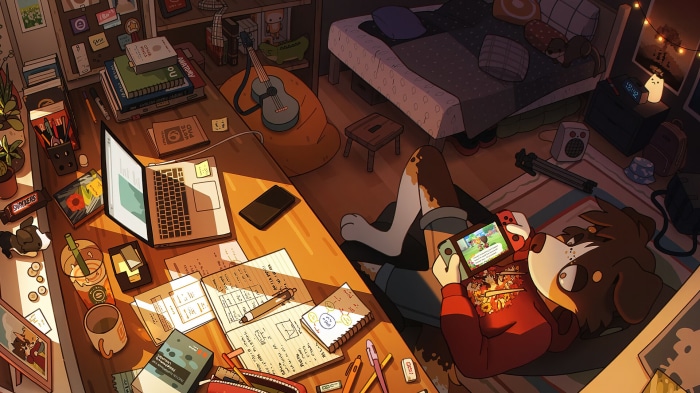 Dog playing Nintendo Switch in a messy bedroom