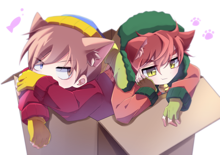 Eric Cartman and Kyle Broflovski as cat-boys in a box