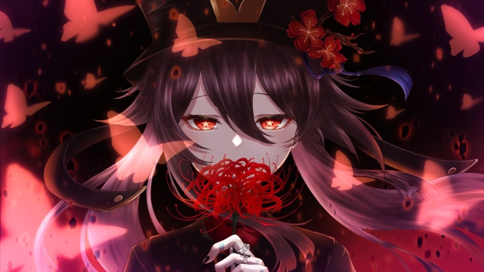 Hu Tao from Genshin Impact with red spider lilies