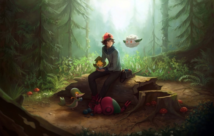 Trainer and Pokémon in a Forest