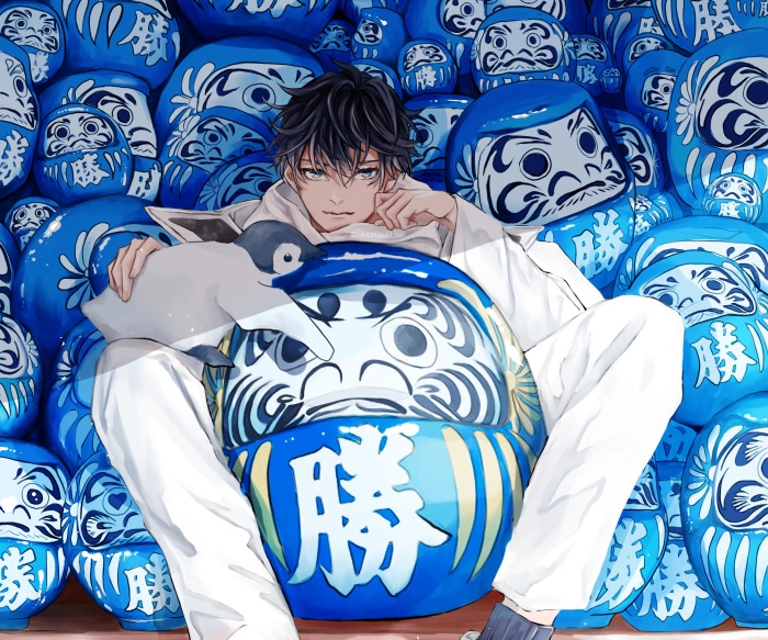 Boy with Penguin surrounded by Daruma dolls