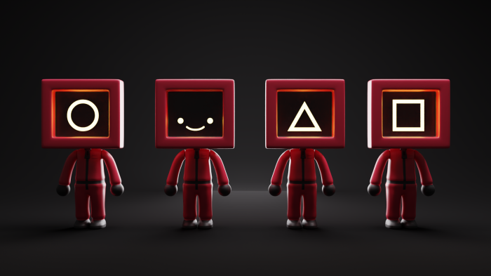 Squid Game characters with symbols on heads