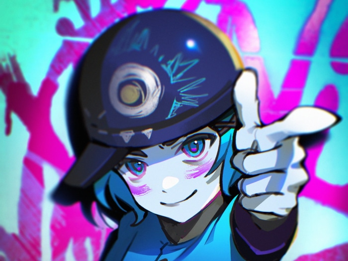 Jinx from League of Legends pointing forward
