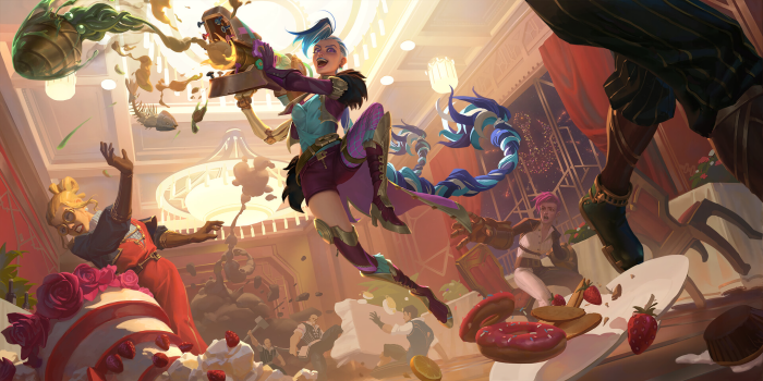 Jinx from League of Legends causing chaos at a party