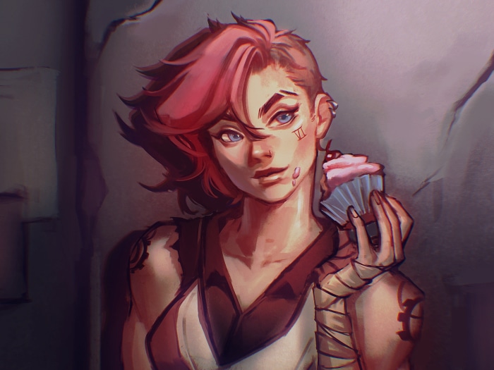Vi from Arcane holding a cupcake