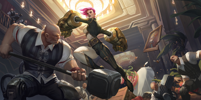 Vi from League of Legends fighting in a ballroom
