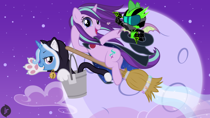 Starlight Glimmer, Spike, and Trixie from My Little Pony on a broomstick