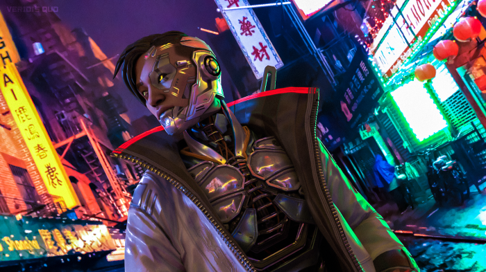 Crypto from Apex Legends in a cyberpunk city