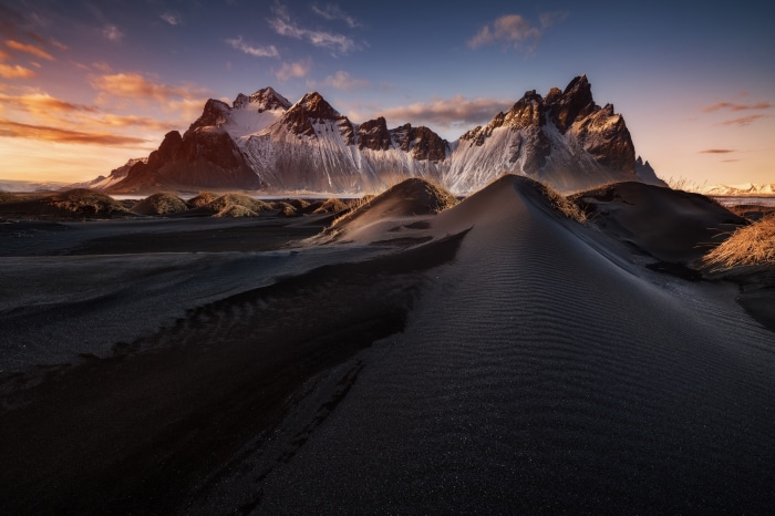 Vestrahorn Mountain Range and Black Sand Dunes in Iceland