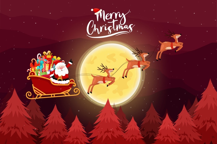 Santa Claus in Sleigh with Reindeer and Moon