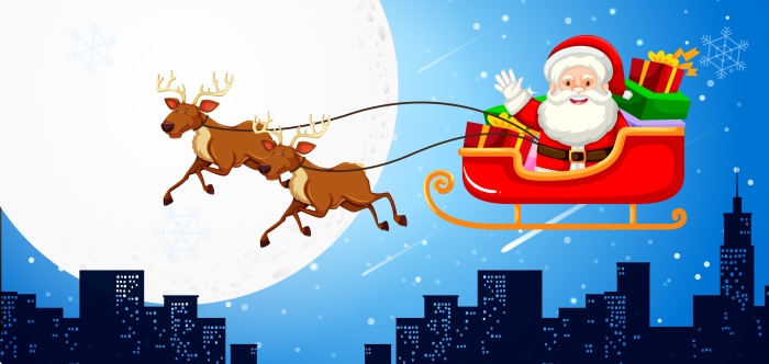 Santa Claus flying in a sleigh with reindeer over a city at night