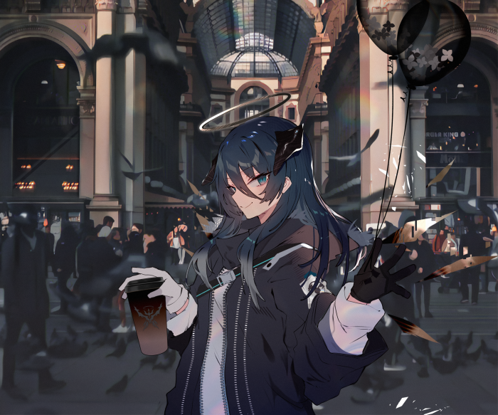 Mostima from Arknights with balloons and coffee