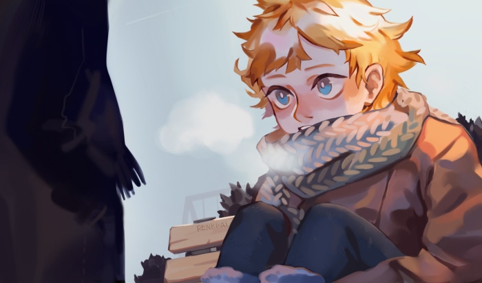 Tweek Tweak from South Park sitting on a bench