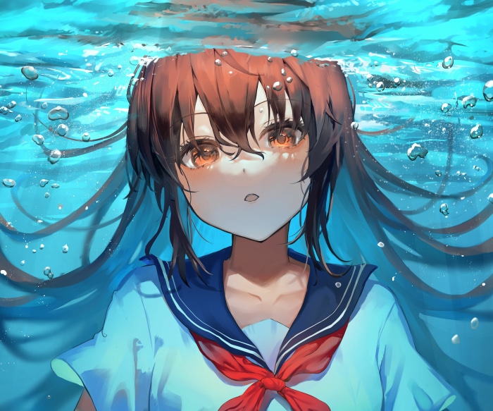 Girl underwater in a sailor uniform