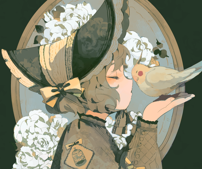 Girl in ornate hat with a cockatiel