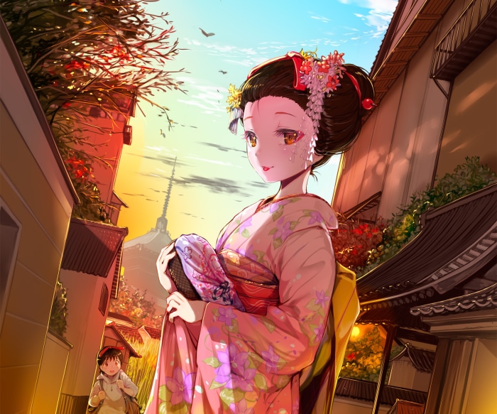 Geisha in Kimono walking down a street
