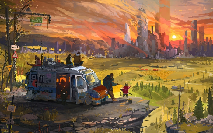 Post-apocalyptic van with people and a cat overlooking a ruined city at sunset