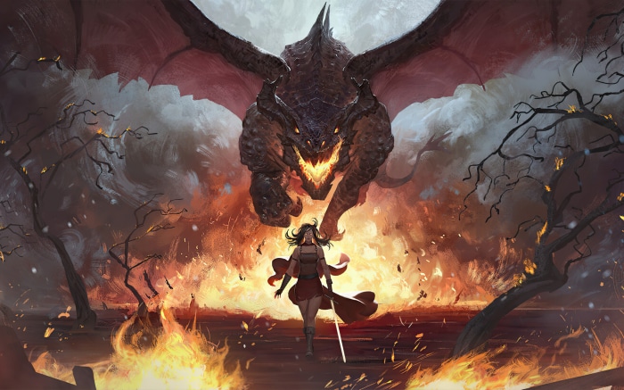 Dragon attacking a woman warrior in a fiery landscape