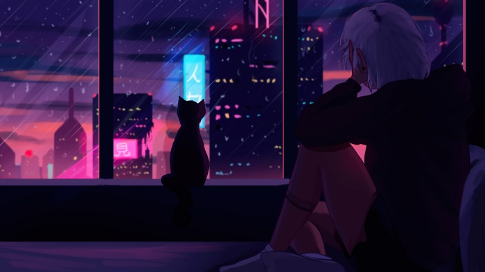 Cat and person looking out window at city at night