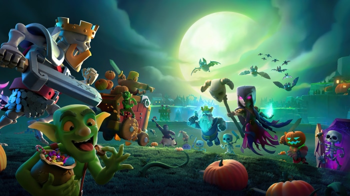 Clash of Clans Halloween characters under a full moon