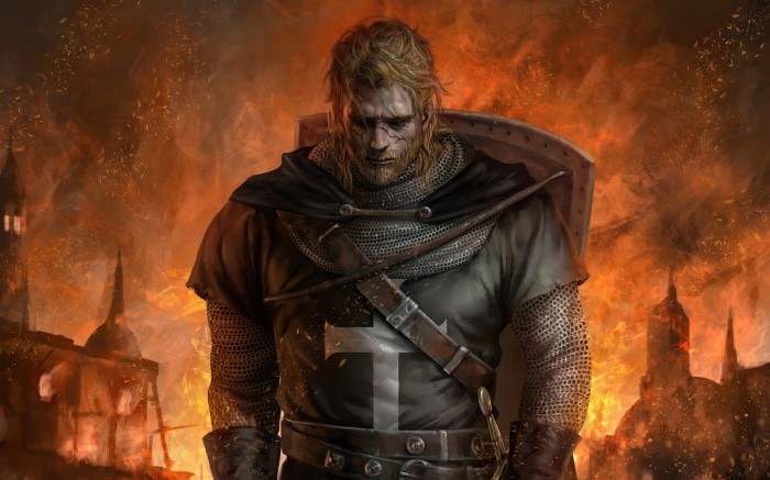 Fantasy Knight with Crusader Cross in Burning City