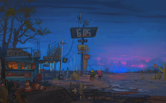 Post-apocalyptic gas station with two figures