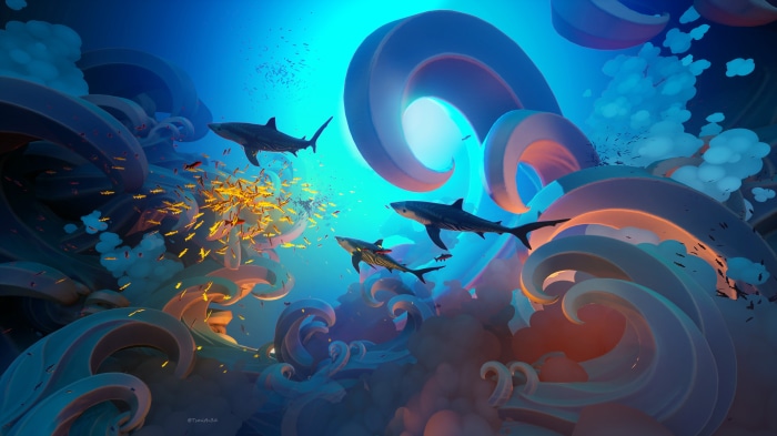 Abstract Ocean with Sharks and Fish by Tyler Smith