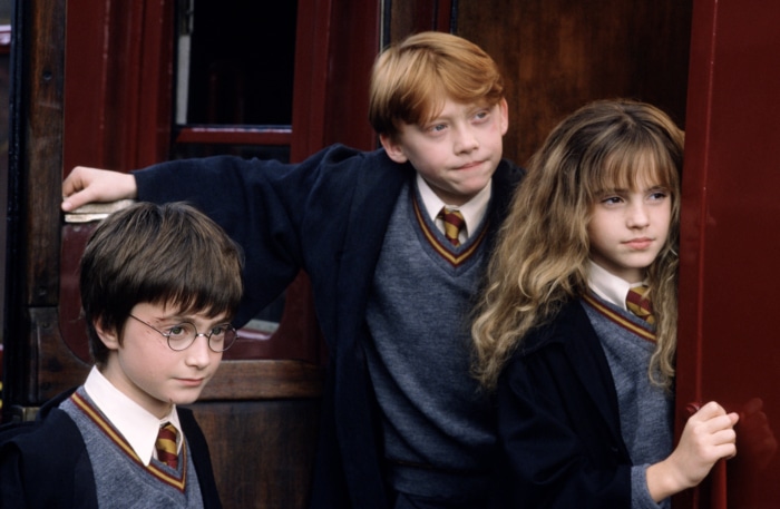 Harry Potter, Ron Weasley, and Hermione Granger on a train