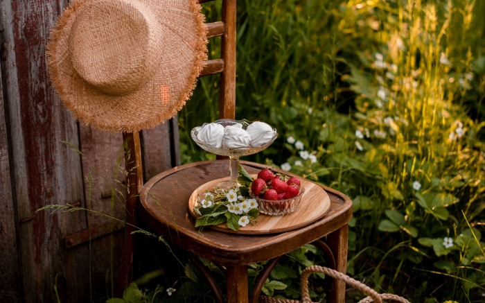 Strawberries and marshmallows on a chair