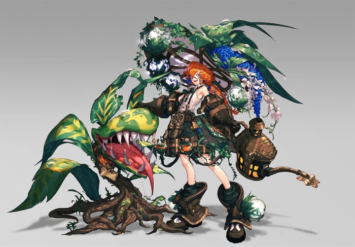 Girl with carnivorous plant and watering can