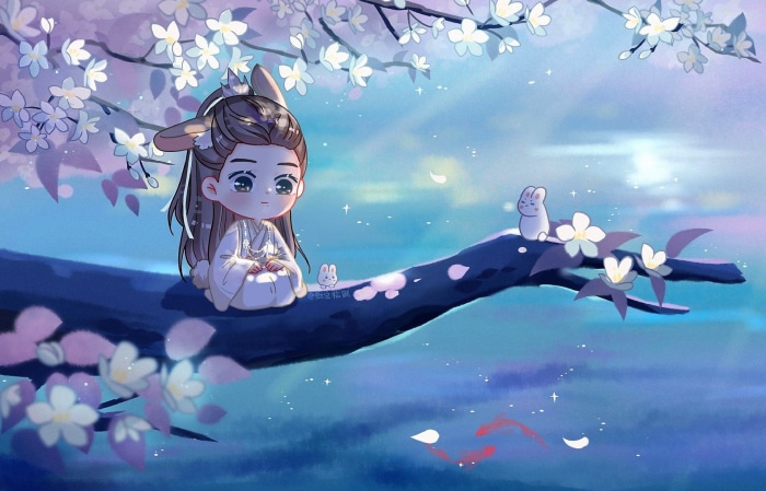 Lan Wangji from Mo Dao Zu Shi sitting on a tree branch