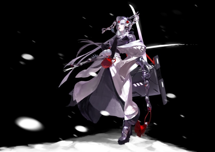 Girl with sword and mechanical arm in snow