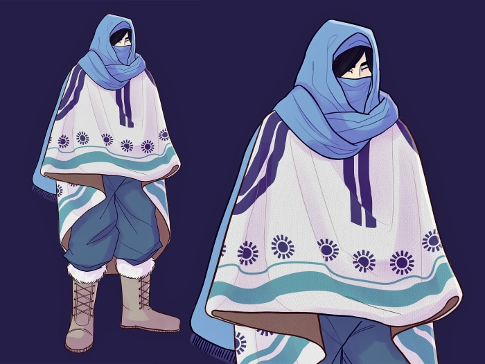 Character in blue hooded cloak and pants