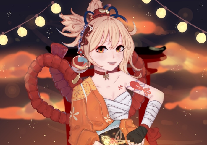 Yoimiya from Genshin Impact with fireworks