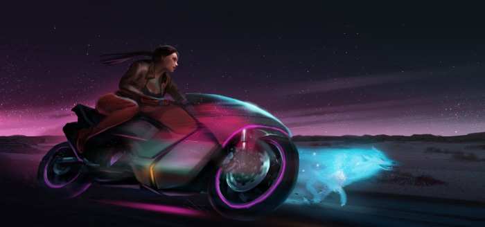 Woman riding a futuristic motorcycle with a spirit wolf