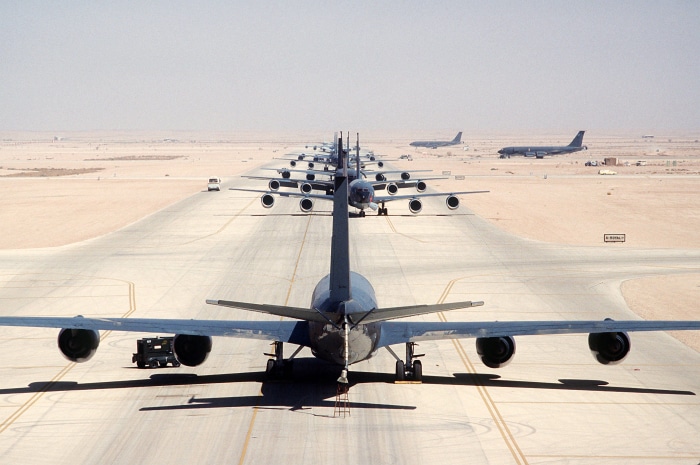 KC-135R Stratotanker aircraft lined up on a desert flight line
