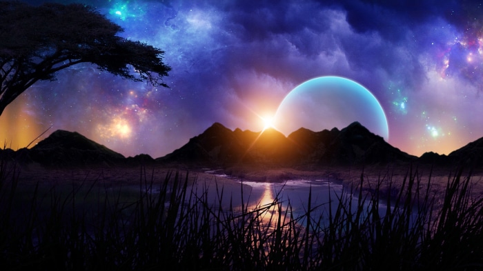 Alien planet landscape with a large moon and mountains