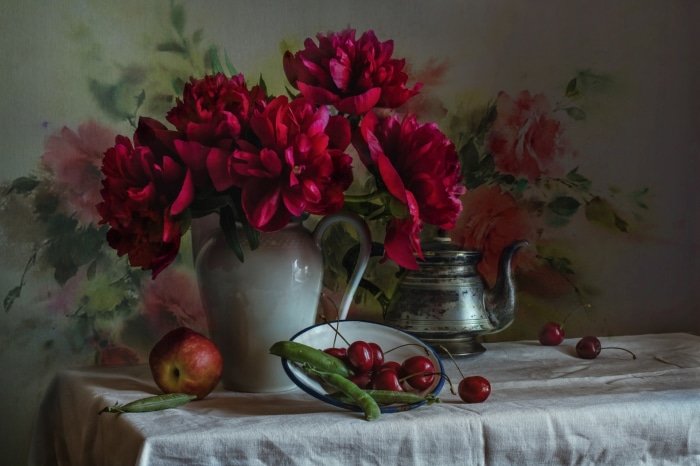 Still life with peonies, fruit, and a teapot