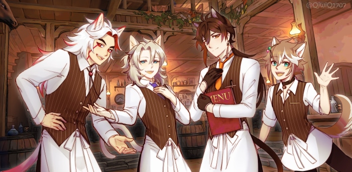 Genshin Impact characters as catboys in a tavern