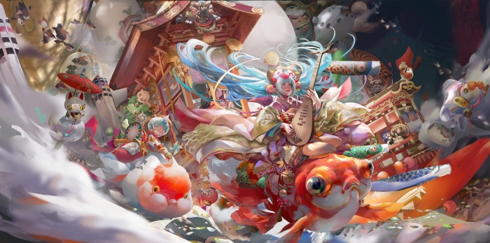 Girl with blue hair playing a lute on a koi fish