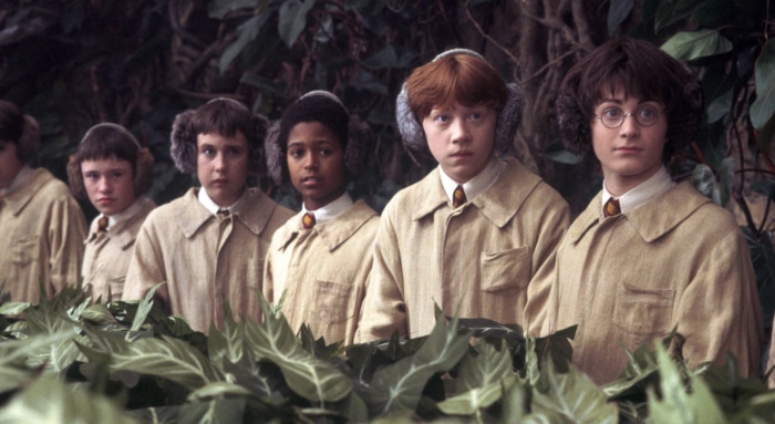 Harry Potter characters in uniform with earmuffs