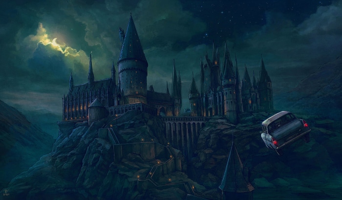 Hogwarts Castle and Flying Car at Night