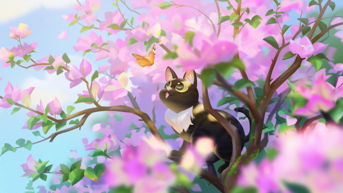 A cat watches a butterfly on a flowering tree