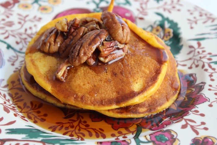 Pumpkin Pecan Pancakes with Syrup and Pecans