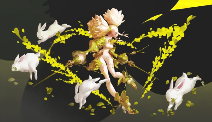Girl with white rabbits and yellow flowers