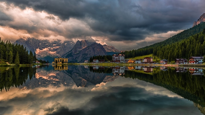 Misurina Lake with Grand Hotel and Mountains, Italy