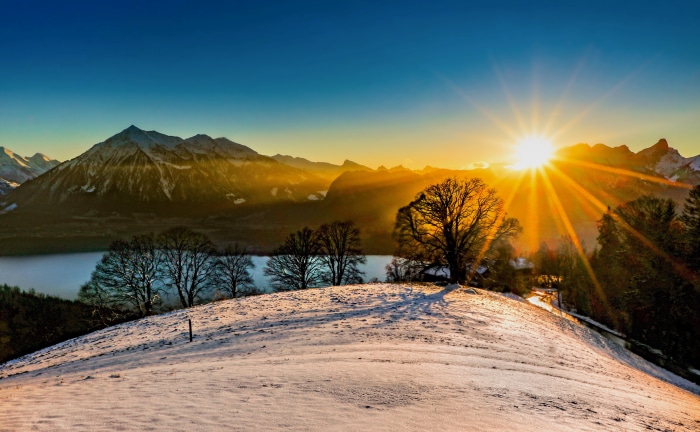 Sunrise over Bernese Alps and Lake Thun, Switzerland