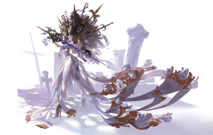 Fantasy Woman Warrior with Ornate Headdress and Sword